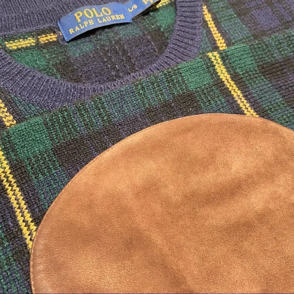 Polo Ralph Lauren ~ Tartan Plaid Merino Wool & Suede Crewneck Sweater